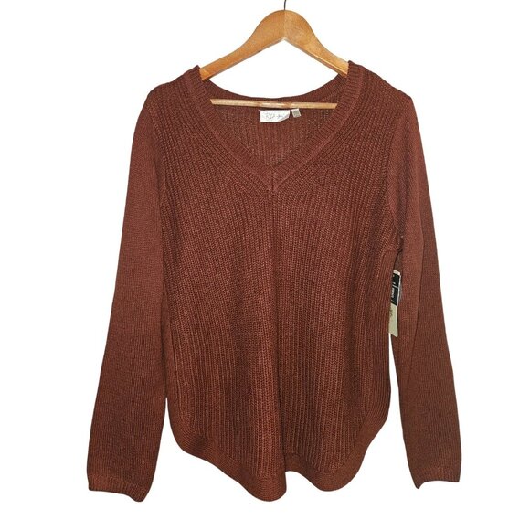 RD Style Rust V-Neck Knit Curved Flattering Hemline Sweater Women Size Large - Picture 2 of 8